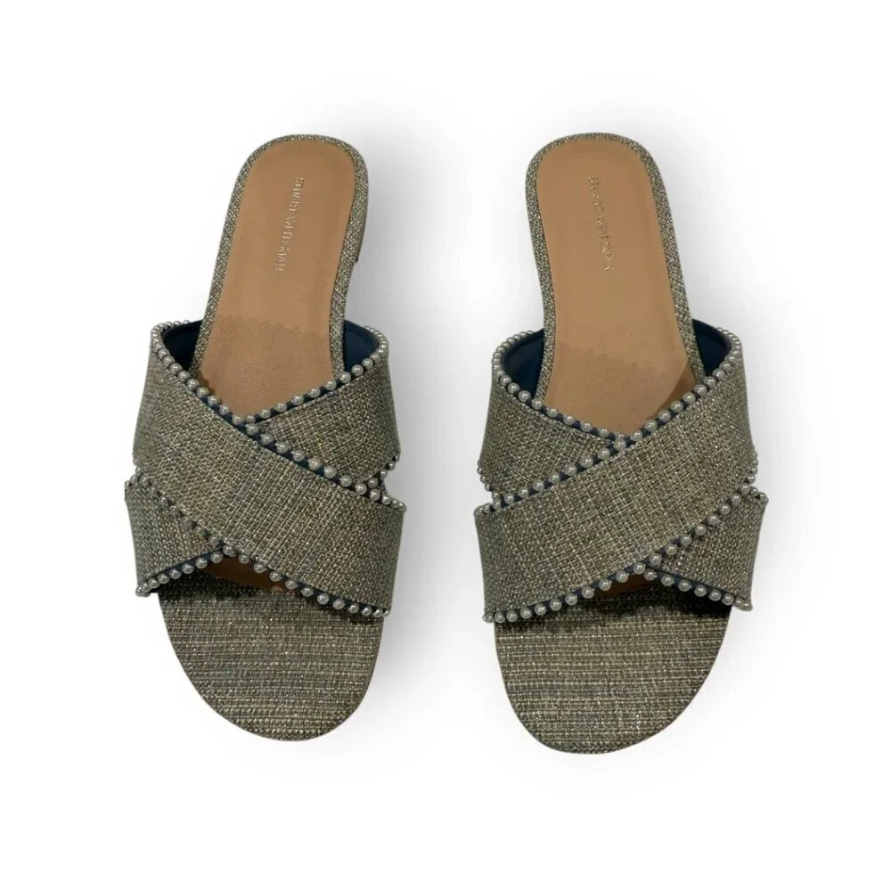 Stuart Weitzman Roza faux pearl-embellished tweed sandals 9.5